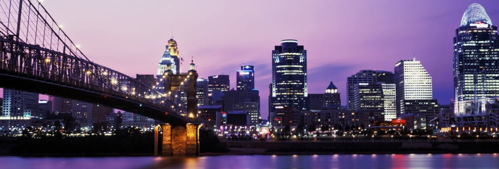Suspension bridge across the Ohio River with skyscrapers in the background Cincinnati Ohio USA Canvas Art - Panoramic Images (6 x 18)