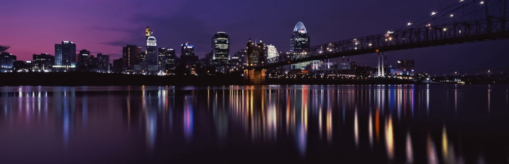 Suspension bridge across the Ohio River with skyscrapers in the background Cincinnati Ohio USA Canvas Art - Panoramic Images (6 x 18)