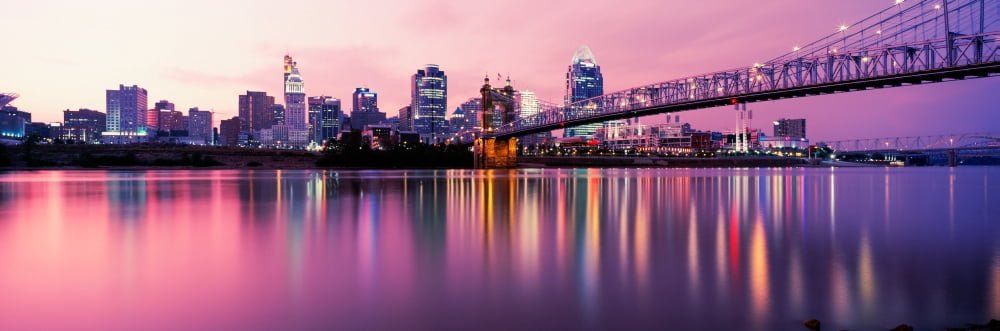 Suspension bridge across the Ohio River with skyscrapers in the background Cincinnati Ohio USA Canvas Art - Panoramic Images (6 x 18)