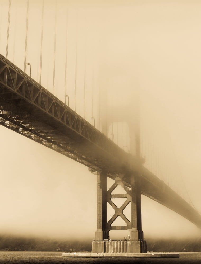 Suspension bridge covered with fog Golden Gate Bridge San Francisco Bay San Francisco California USA Canvas Art - Panoramic Images (22 x 28)