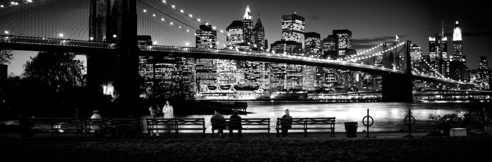 Suspension bridge lit up at dusk Brooklyn Bridge East River Manhattan New York City New York State USA Canvas Art - Panoramic Images (12 x 36)