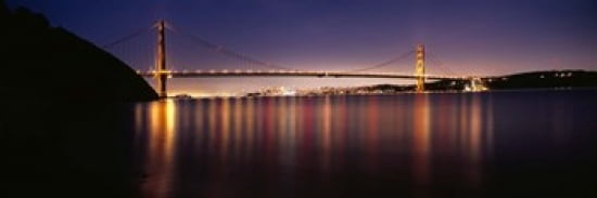 Suspension bridge lit up at dusk Golden Gate Bridge San Francisco Bay San Francisco California USA Canvas Art - Panoramic Images (36 x 12)