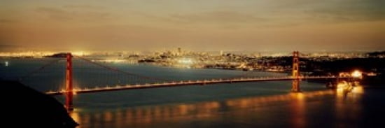 Suspension bridge lit up at dusk Golden Gate Bridge San Francisco Bay San Francisco California USA Canvas Art - Panoramic Images (36 x 12)