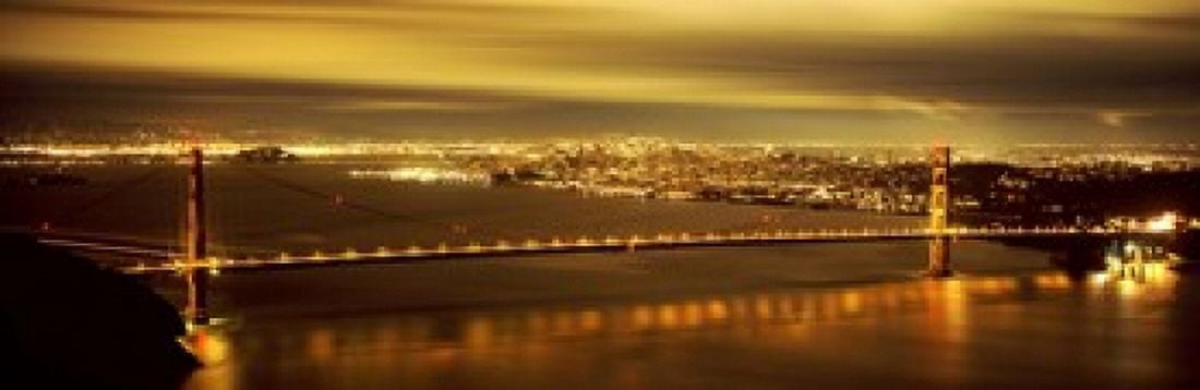 Suspension bridge lit up at dusk Golden Gate Bridge San Francisco California USA Canvas Art - Panoramic Images (18 x 6)