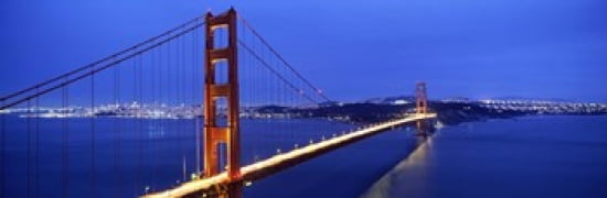 Suspension bridge lit up at dusk Golden Gate Bridge San Francisco California USA Canvas Art - Panoramic Images (36 x 12)