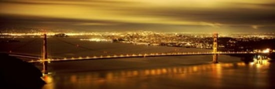 Suspension bridge lit up at dusk Golden Gate Bridge San Francisco California USA Canvas Art - Panoramic Images (36 x 12)