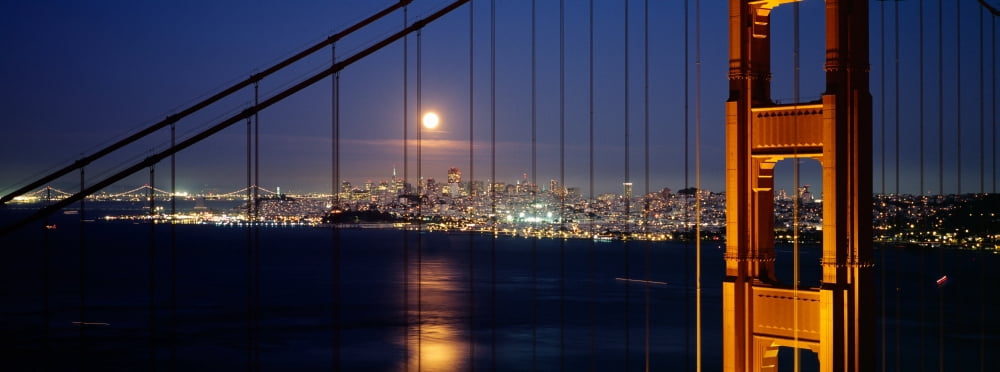 Suspension bridge lit up at night Golden Gate Bridge San Francisco California USA Canvas Art - Panoramic Images (36 x 12)