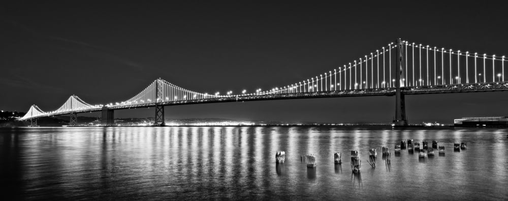 Suspension bridge over Pacific ocean lit up at night Bay Bridge San Francisco Bay San Francisco California USA Canvas Art - Panoramic Images (6 x 15)