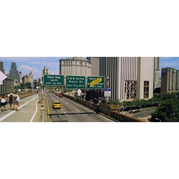 Suspension bridge with buildings in a city, Brooklyn Bridge, New York City, New York State, USA Poster Print (36 x 13)