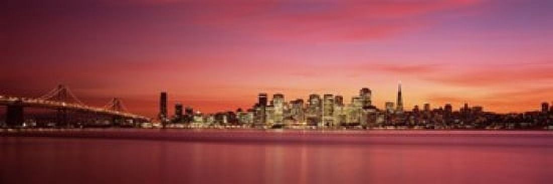 Suspension bridge with city skyline at dusk Bay Bridge San Francisco Bay San Francisco California USA Canvas Art - Panoramic Images (18 x 6)