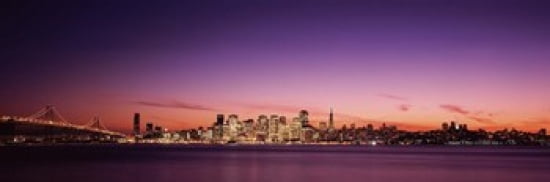 Suspension bridge with city skyline at dusk Bay Bridge San Francisco Bay San Francisco California USA Canvas Art - Panoramic Images (36 x 12)