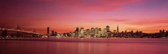 Suspension bridge with city skyline at dusk Bay Bridge San Francisco Bay San Francisco California USA Canvas Art - Panoramic Images (36 x 12)