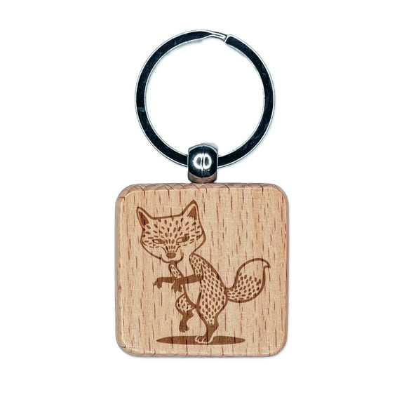 Suspicious and Sneaky Fox Square Keychain Charm Tag - Engraved Wood