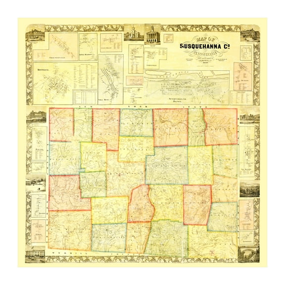 Susquehanna County Pennsylvania Art, 1858 Vintage Map of Susquehanna County PA History Wall Decor Gift, Old Susquehanna County PA Map - 42" x 42" Unframed Print