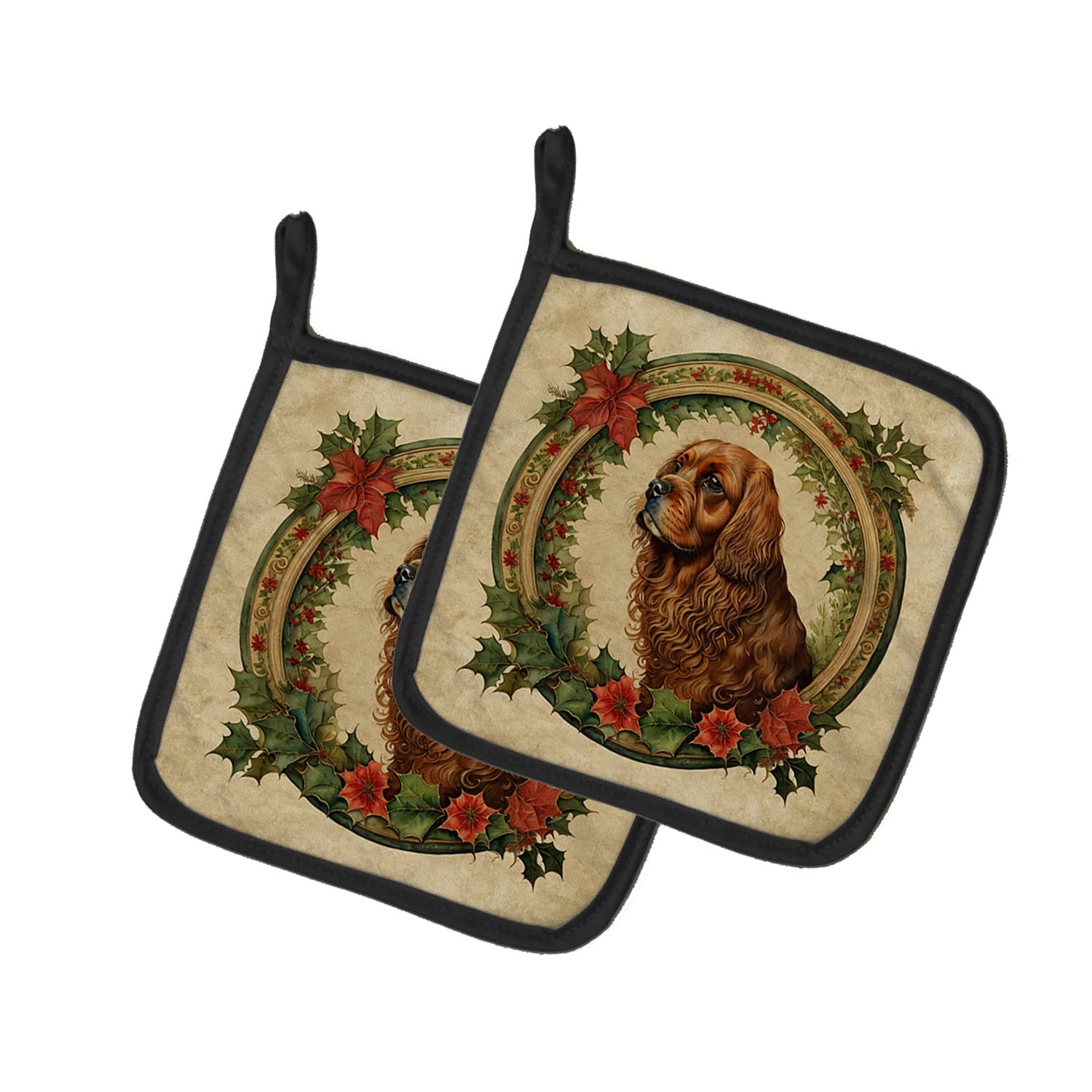 Sussex Spaniel Christmas Flowers Pair of Pot Holders 7.5 in x 7.5 in