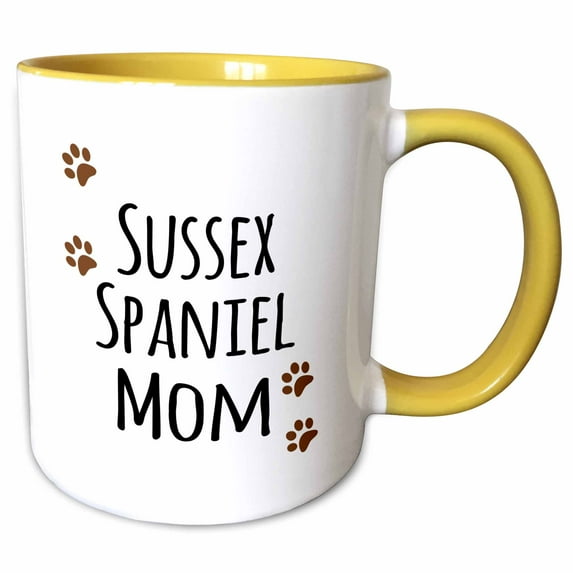 3drose, Sussex Spaniel Dog Mom - Doggie by Breed - Muddy Brown Paw Prints - Doggy Lover Pet Owner Mama Love, 11oz Two-tone Yellow Mug