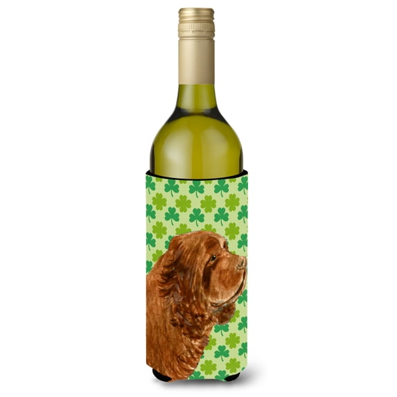 Sussex Spaniel St. Patricks Day Shamrock Portrait Wine Bottle Hugger