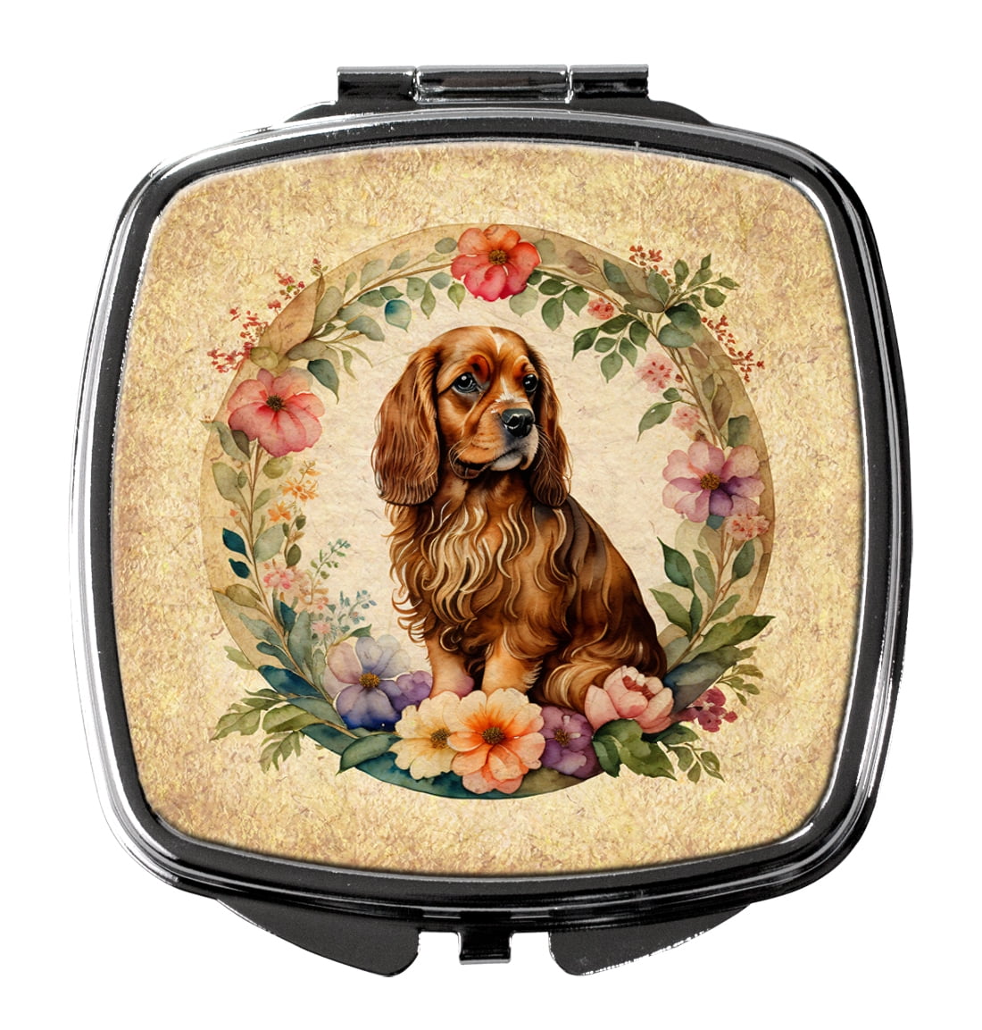 Sussex Spaniel and Flowers Compact Mirror 2.75 in x 3 in