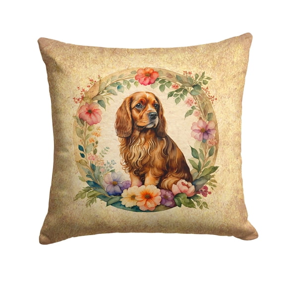 Sussex Spaniel and Flowers Fabric Decorative Pillow 14 in x 14 in