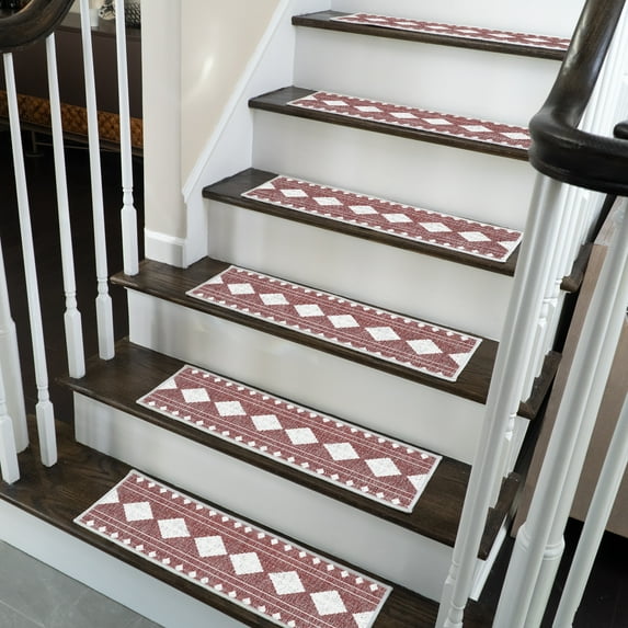 SussexHome Diamond Design 9" X 28" Stair Treads - 150 % Cotton Anti-Slip Carpet Strips for Indoor Stairs-Easy to Install Stair Treads with Double Adhesive Tape-Safe, Extra-Grip, 15-Pack-Maroon