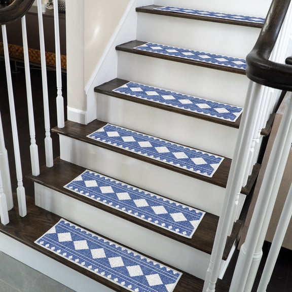 SussexHome Diamond Design 9" X 28" Stair Treads - 70 % Cotton Anti-Slip Carpet Strips for Indoor Stairs-Easy to Install Stair Treads with Double Adhesive Tape-Safe, Extra-Grip, 4-Pack-Navy