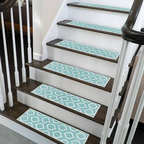 SussexHome Drop Design 9" X 28" Stair Treads - 70 % Cotton Anti-Slip Carpet Strips for Indoor Stairs-Easy to Install Stair Treads with Double Adhesive Tape-Safe, Extra-Grip, 13-Pack-Teal