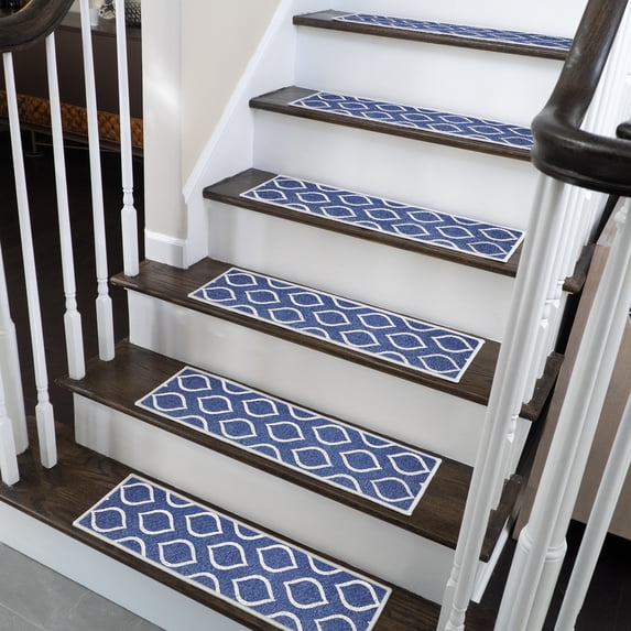 SussexHome Drop Design 9" X 28" Stair Treads - 70 % Cotton Anti-Slip Carpet Strips for Indoor Stairs-Easy to Install Stair Treads with Double Adhesive Tape-Safe, Extra-Grip, 13-Pack-Navy