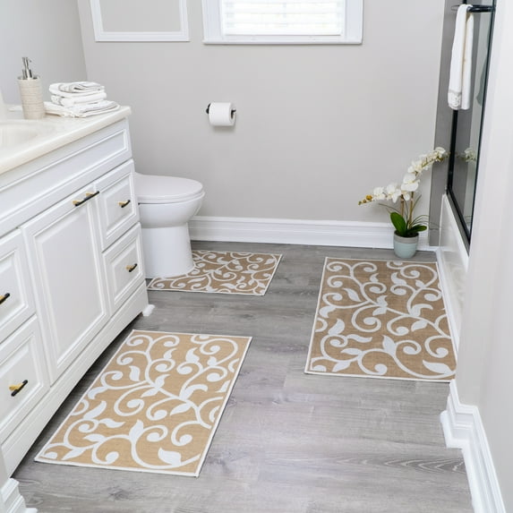 SussexHome Floral Design 3 Piece Bathroom Rugs Set - Non-Slip Ultra Thin Bath Rugs for Bathroom Floor - Washable Cotton Bathroom Mats Set