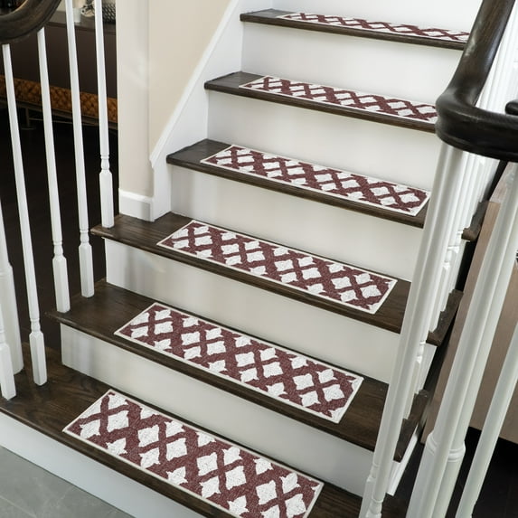 SussexHome Floral Design 9" X 28" Stair Treads - 70 % Cotton Anti-Slip Carpet Strips for Indoor Stairs-Easy to Install Stair Treads with Double Adhesive Tape-Safe, Extra-Grip, 10-Pack-Maroon