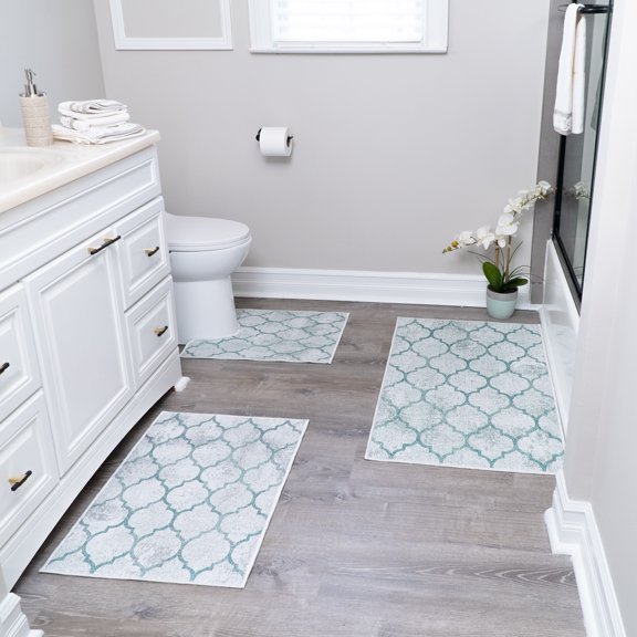 Sussexhome Geometric Gray & Teal Cotton Bath Rug Set, 44" x 24", (3 Count)