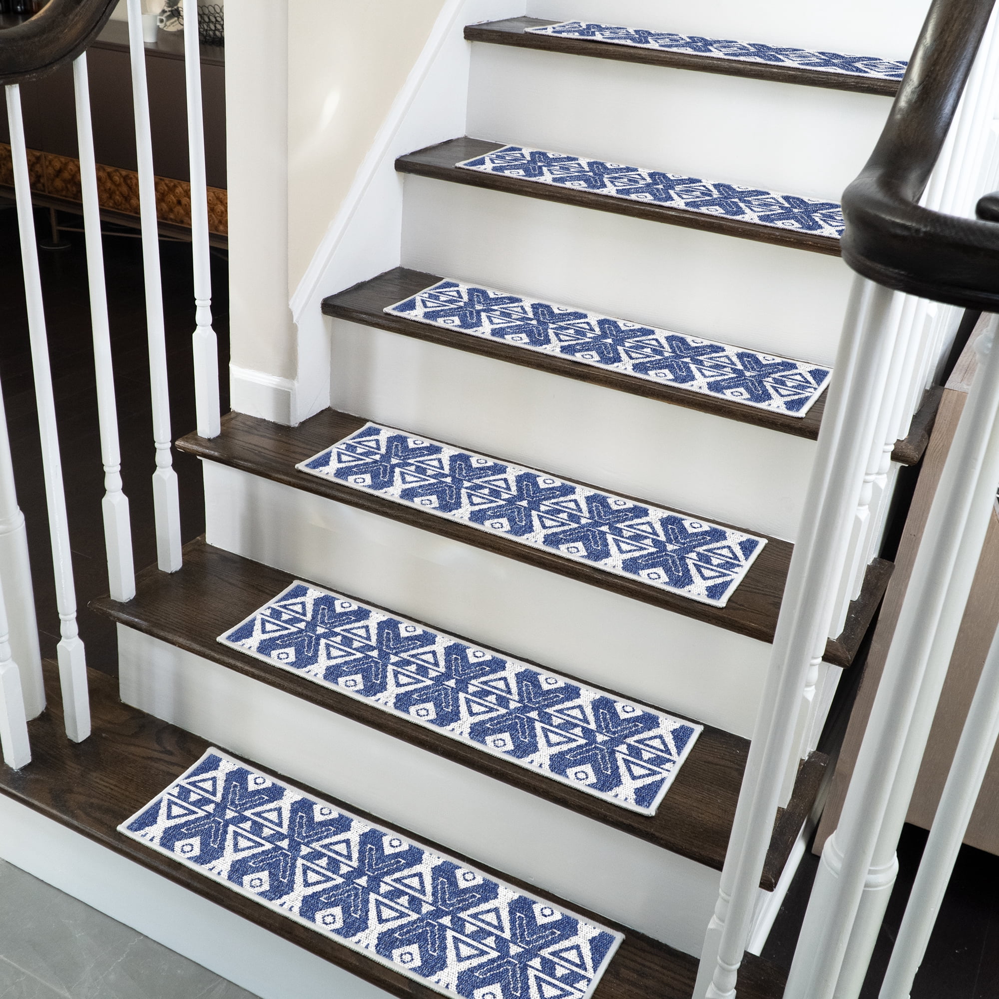 SussexHome Hairband Design 9" X 28" Stair Treads - 150 % Cotton Anti-Slip Carpet Strips for Indoor Stairs-Easy to Install Stair Treads with Double Adhesive Tape-Safe, Extra-Grip, 15-Pack-Navy