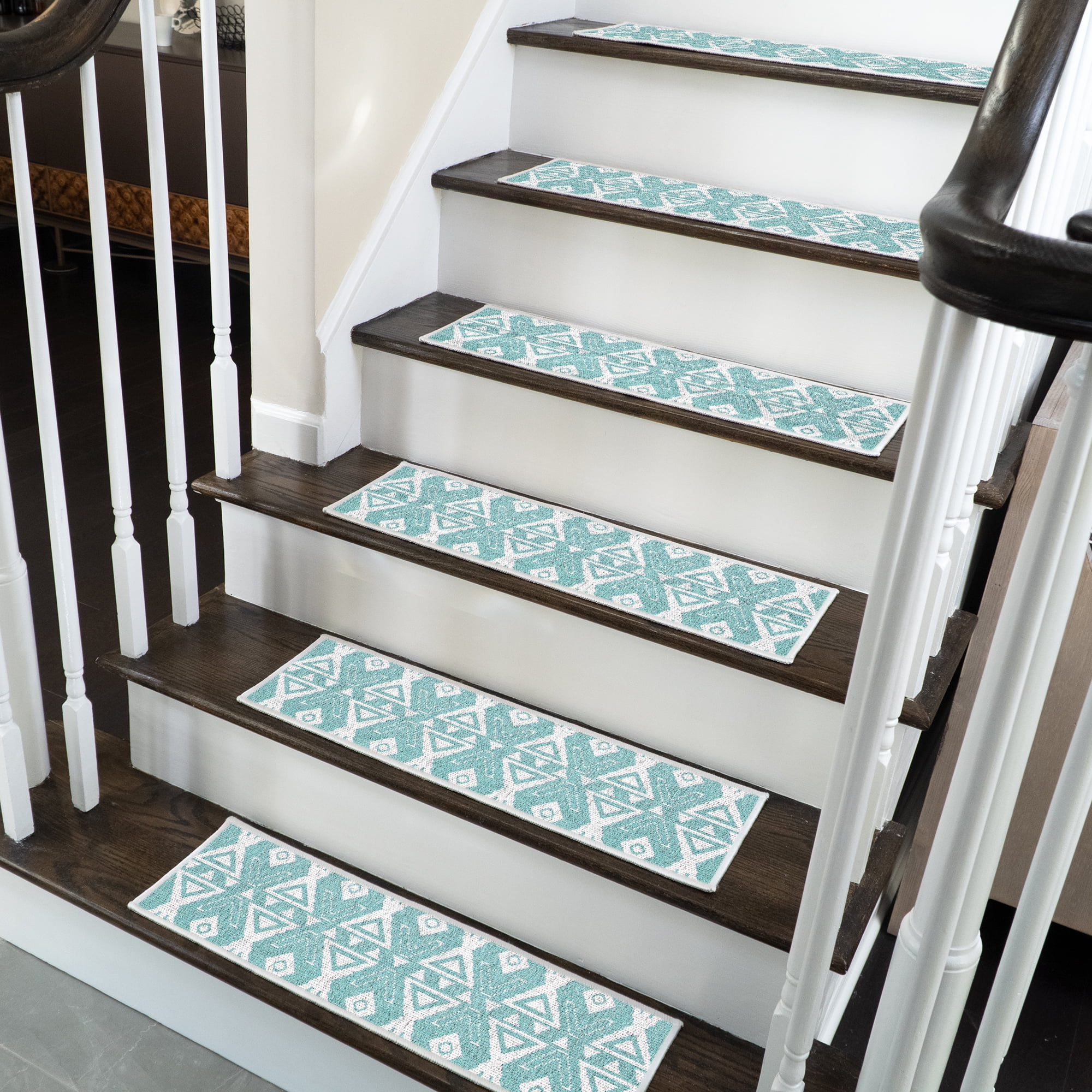 SussexHome Hairband Design 9" X 28" Stair Treads - 70 % Cotton Anti-Slip Carpet Strips for Indoor Stairs-Easy to Install Stair Treads with Double Adhesive Tape-Safe, Extra-Grip, 4-Pack-Teal