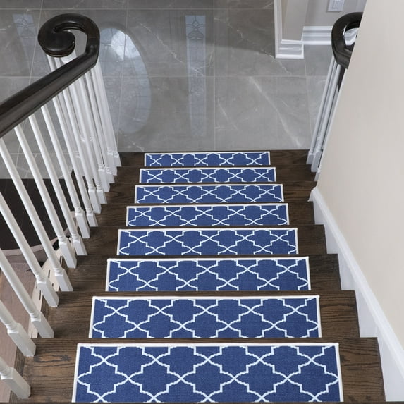 SussexHome Lattice Design 9" X 28" Stair Treads - 70 % Cotton Anti-Slip Carpet Strips for Indoor Stairs-Easy to Install Runner Rugs with Double Adhesive Tape-Safe, Extra-Grip, 13-Pack-Navy