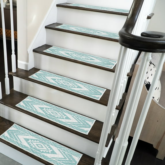SussexHome Memorial Design 9" X 28" Stair Treads - 70 % Cotton Anti-Slip Carpet Strips for Indoor Stairs-Easy to Install Stair Treads with Double Adhesive Tape-Safe, Extra-Grip, 4-Pack-Teal
