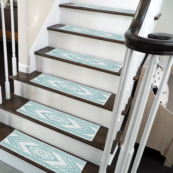 SussexHome Memorial Design 9" X 28" Stair Treads - 70 % Cotton Anti-Slip Carpet Strips for Indoor Stairs-Easy to Install Stair Treads with Double Adhesive Tape-Safe, Extra-Grip, 4-Pack-Teal