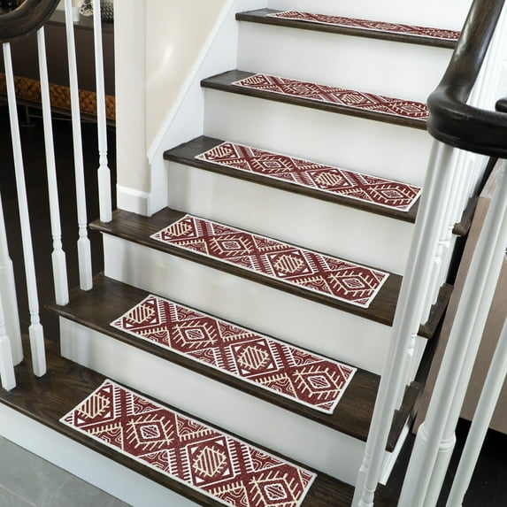SussexHome Monument Design 9" X 28" Stair Treads - 70 % Cotton Anti-Slip Carpet Strips for Indoor Stairs-Easy to Install Stair Treads with Double Adhesive Tape-Safe, Extra-Grip, 7-Pack-Maroon