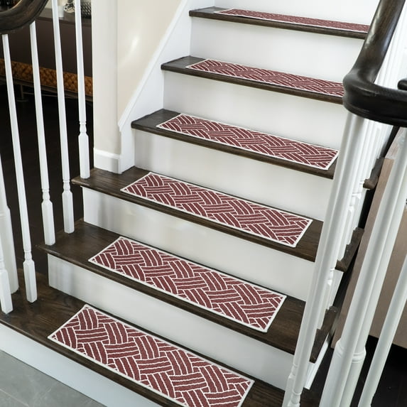 SussexHome Sisal Design 9" X 28" Stair Treads - 150 % Cotton Anti-Slip Carpet Strips for Indoor Stairs-Easy to Install Stair Treads with Double Adhesive Tape-Safe, Extra-Grip, 15-Pack-Maroon