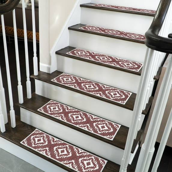 SussexHome Tetra One Design 9" X 28" Stair Treads - 150 % Cotton Anti-Slip Carpet Strips for Indoor Stairs-Easy to Install Stair Treads with Double Adhesive Tape-Safe, Extra-Grip, 15-Pack-Maroon