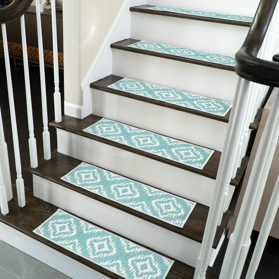 SussexHome Tetra One Design 9" X 28" Stair Treads - 70 % Cotton Anti-Slip Carpet Strips for Indoor Stairs-Easy to Install Stair Treads with Double Adhesive Tape-Safe, Extra-Grip, 4-Pack-Teal