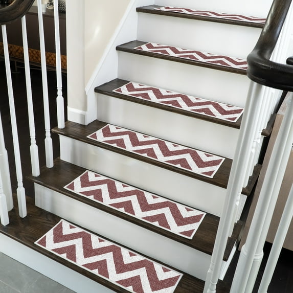 SussexHome Traverse Design 9" X 28" Stair Treads - 150 % Cotton Anti-Slip Carpet Strips for Indoor Stairs-Easy to Install Stair Treads with Double Adhesive Tape-Safe, Extra-Grip, 15-Pack-Maroon