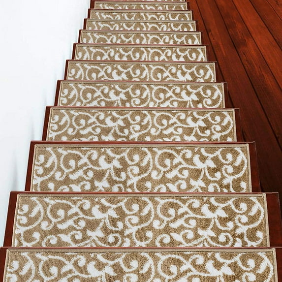 Sussexhome Carpet Stair Treads for Wooden Steps - Indoor Staircase Step Treads with Thick Carpet & Pattern Design - 9'' x 28'', Beige & White, Pack of 10