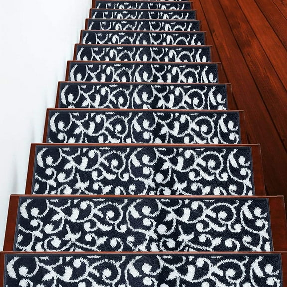 Sussexhome Carpet Stair Treads for Wooden Steps - Indoor Staircase Step Treads with Thick Carpet & Pattern Design - 9'' x 28'', Navy & White, Pack of 4