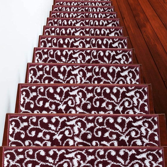 Sussexhome Carpet Stair Treads for Wooden Steps - Indoor Staircase Step Treads with Thick Carpet & Pattern Design - 9'' x 28'', Red & White, Pack of 4