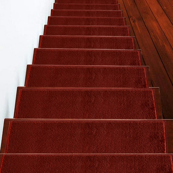 Sussexhome Carpet Stair Treads for Wooden Steps - Indoor Staircase Step Treads with Thick Carpet & Pattern Design - 9'' x 28'', Red & White, Pack of 7