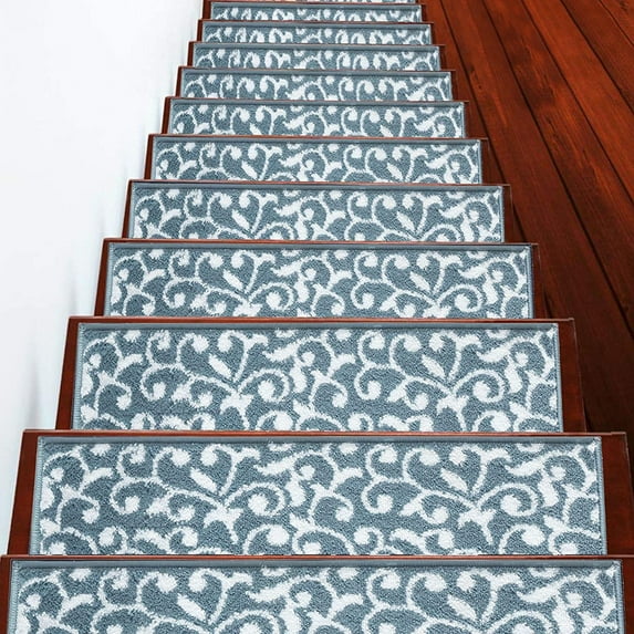 Sussexhome Carpet Stair Treads for Wooden Steps - Indoor Staircase Step Treads with Thick Carpet & Pattern Design - 9'' x 28'', Teal & White, Pack of 4
