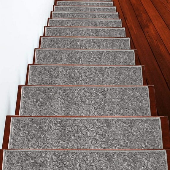 Sussexhome Carpet Stair Treads for Wooden Steps - Indoor Staircase Step Treads with Thick Carpet & Pattern Design - 9'' x 28'', Gray, Pack of 10