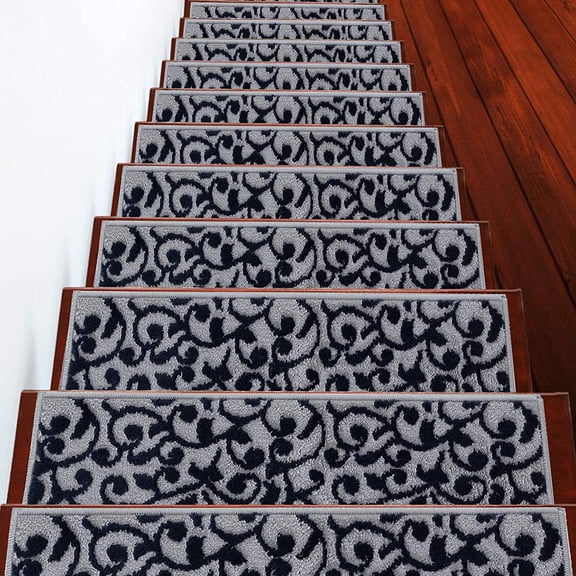 Sussexhome Carpet Stair Treads for Wooden Steps - Indoor Staircase Step Treads with Thick Carpet & Pattern Design - 9'' x 28'', Navy, Pack of 4