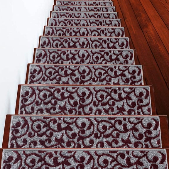 Sussexhome Carpet Stair Treads for Wooden Steps - Indoor Staircase Step Treads with Thick Carpet & Pattern Design - 9'' x 28'', Red, Pack of 13