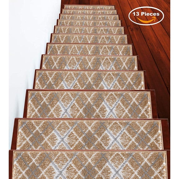 Sussexhome Stair Treads, Carpet Stair Tread, Non Slip Stair Treads, 9" x 28", Slide for Stairs, Carpet Stair for Stairs, Stairs slide, Stair Runner Carpet, Stairs Carpet Pieces, Beige & White 13 set