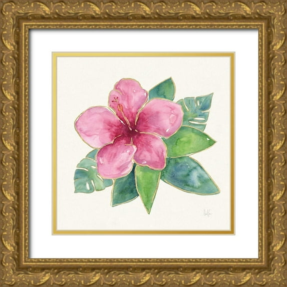 Sussman, Harriet 12x12 Gold Ornate Wood Framed with Double Matting Museum Art Print Titled - Tropical Fun Flowers III with Gold